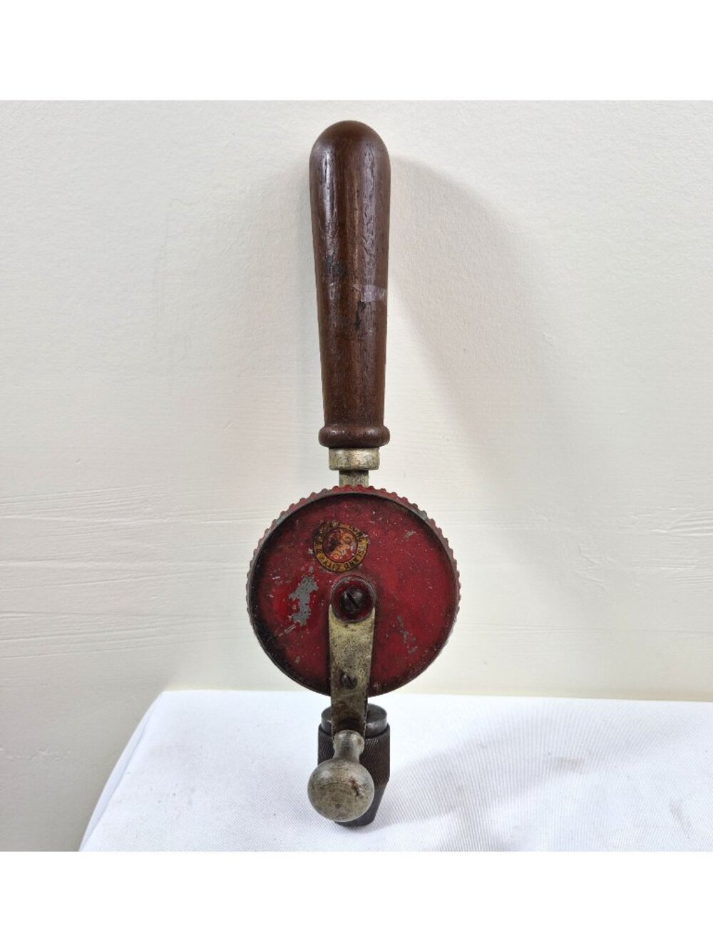 Vintage Hand-Crank Drill Wooden Handle & Red Gear Wheel Long Island City USA GM